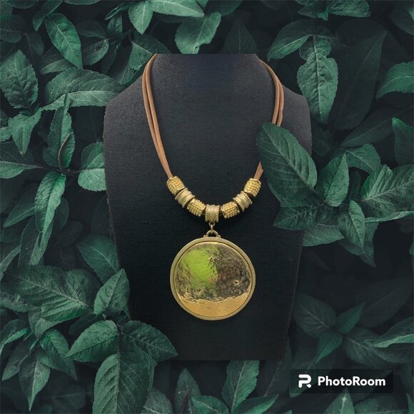 Chico's Hammered Pendant Sliding Charms Gold Tone Suede Cord Necklace - Picture 3 of 8